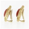 Image 3 : 18k Gold GIA Cert. Oval Cabochon Coral & Round Diamond Omega or Clip On Earrings