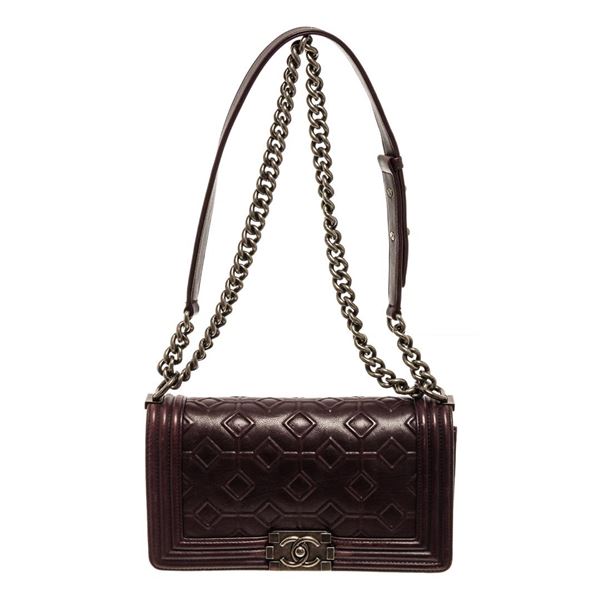 Chanel Dark Purple Embossed Calfskin Boy Medium Flap Bag
