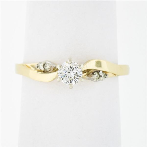 Petite 14K TT Gold Round Brilliant Diamond Solitaire w/ Accents Engagement Ring