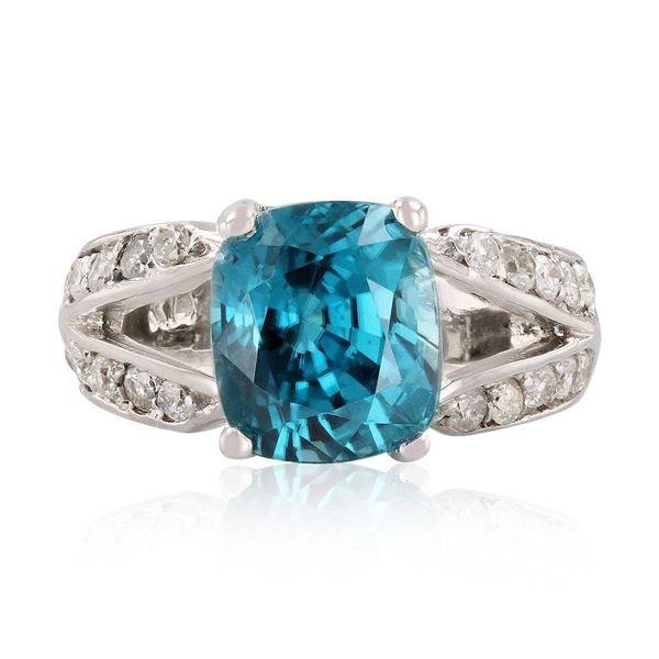 7.09 ctw Blue Zircon and 0.30 ctw Diamond 14K White Gold Ring