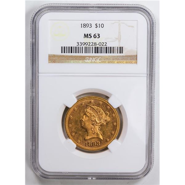 1893 $10 Eagle Gold Coin NGC MS63