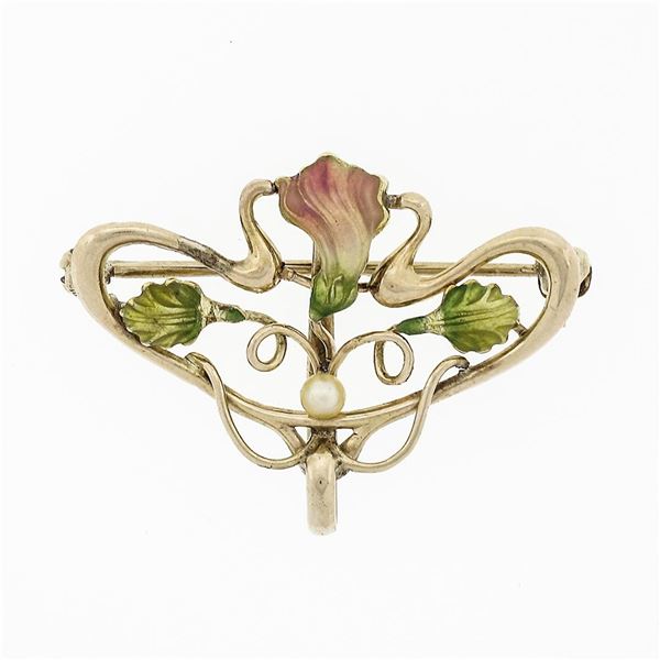 Antique Art Nouveau 14k Gold Seed Pearl Enamel Dual Swan Floral Open Brooch Pin