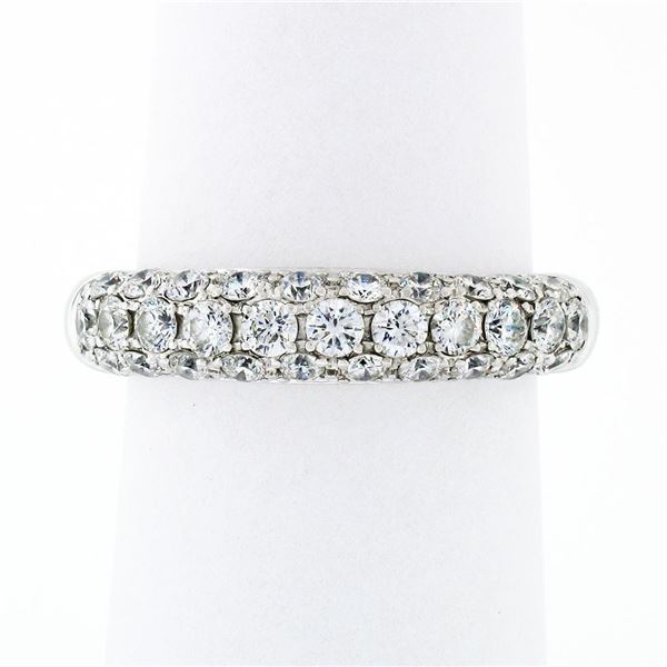 Fancy 18K White Gold 1.15 ctw Round Pave Diamond 4.75mm Domed Wedding Band Ring