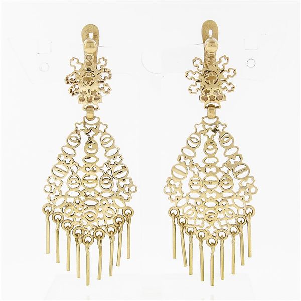 Vintage 18K Yellow Gold Open Work Drop Chandelier & Dangle Tassels Post Earrings