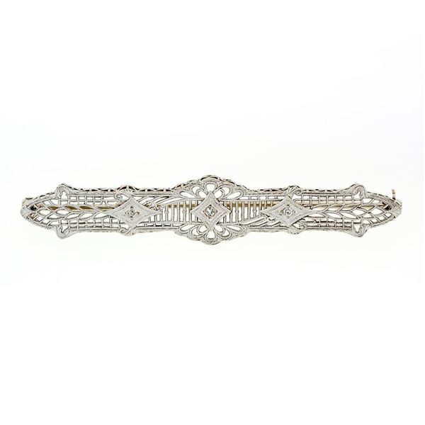 Antique Art Deco 14k White Gold 0.05 ctw Single Cut Diamond Open Filigree Bar Pi