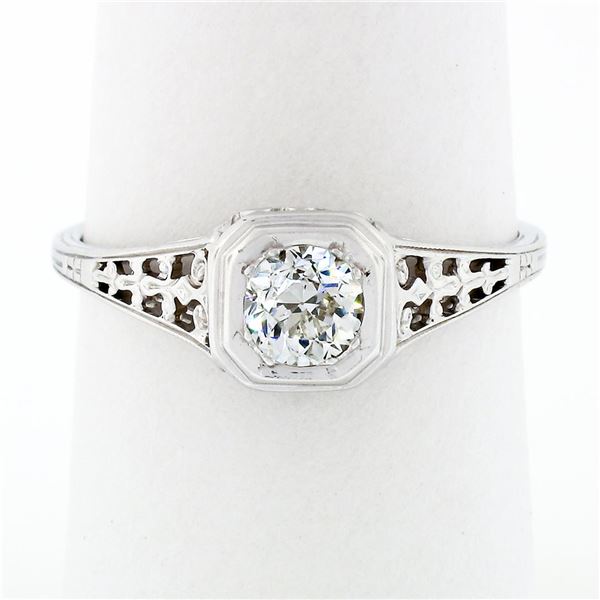 Antique Art Deco 18k Gold European Diamond Solitaire Filigree Engagement Ring