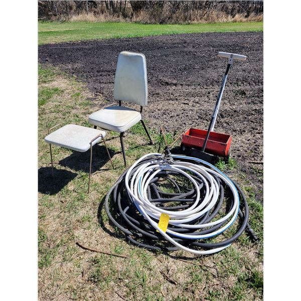 Stool, chair hoses & 2 sprinkler heads, 1 Lawn edger, push fertilizer spreader, Chairs X2
