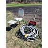 Image 1 : Stool, chair hoses & 2 sprinkler heads, 1 Lawn edger, push fertilizer spreader, Chairs X2