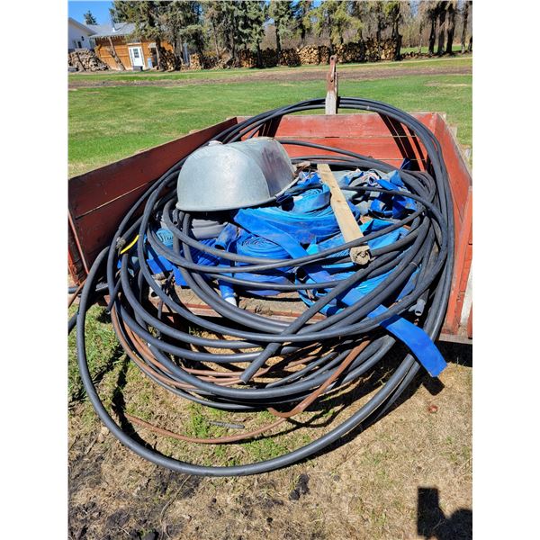 Assort. 2" lay flat hoses, 1" plastic hose, antique tub