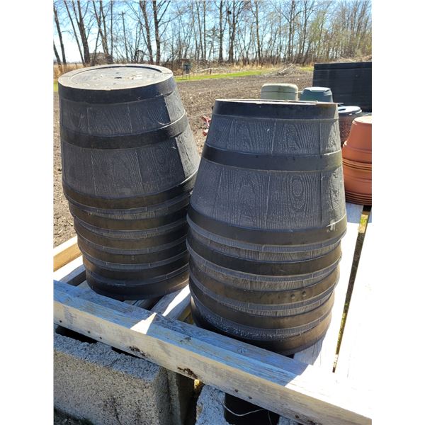 12- hard plastic barrel planters  11" x 12" New & 1- 13" round x 12" high