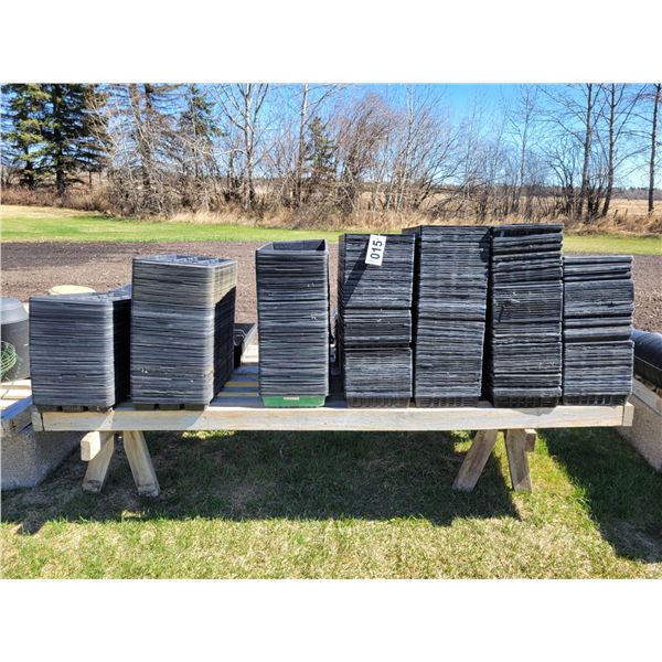 5- stacks of bedding plant trays, approx. 10" x 20", 3- stacks of 3" square pot trays