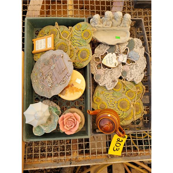 Assorted stepping stones, signs, giftware