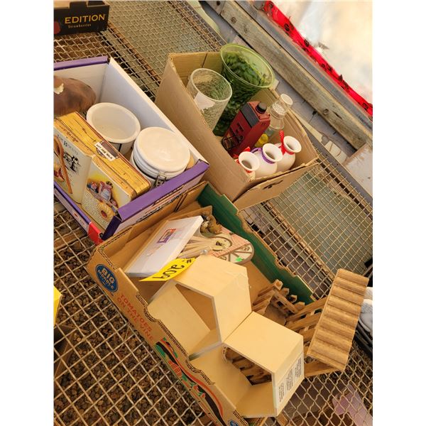 Vases, antique Jam Biscuit tin, clock, etc.