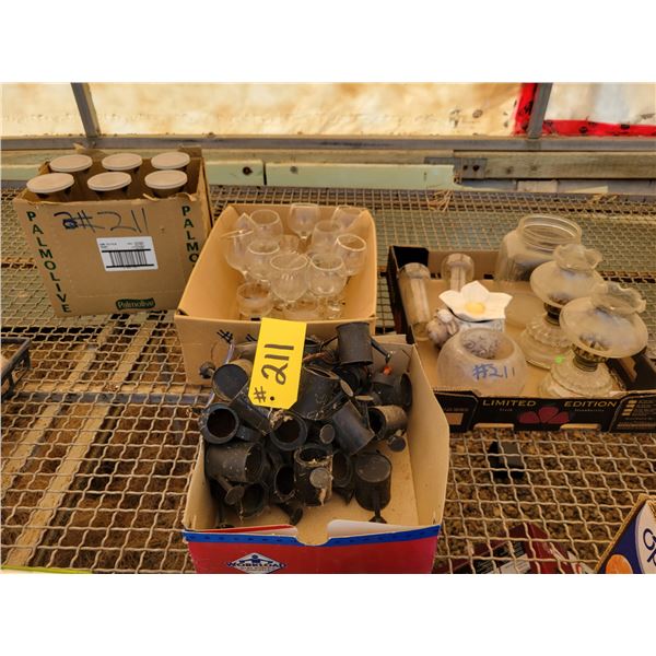 Antique Lamps X2, planters, sheep, mini watering cans, Asst glassware, water glass jugs