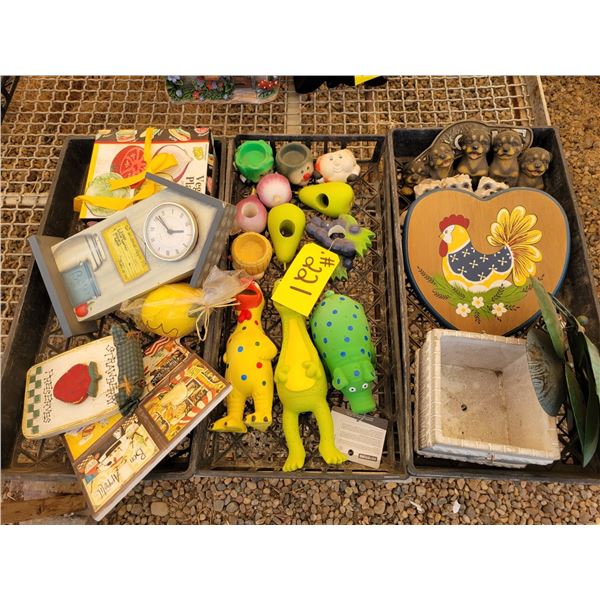 Napkin holder- vegetables, squishy toys, assorted giftware, dogs, vegetable plates, apple pie clock,