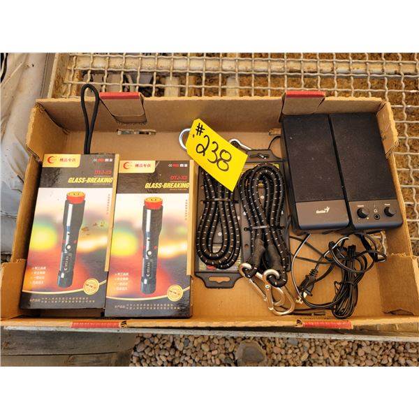 glass breaker, bungee chords, speakers