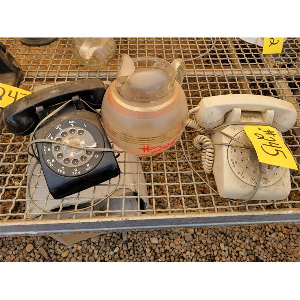 2 old rotary phones, antique pitcher
