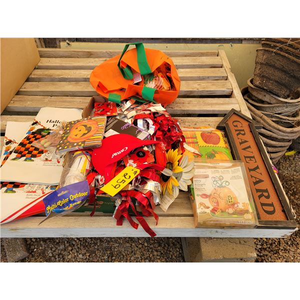Halloween decorations, sign, table cloth, picks, etc.