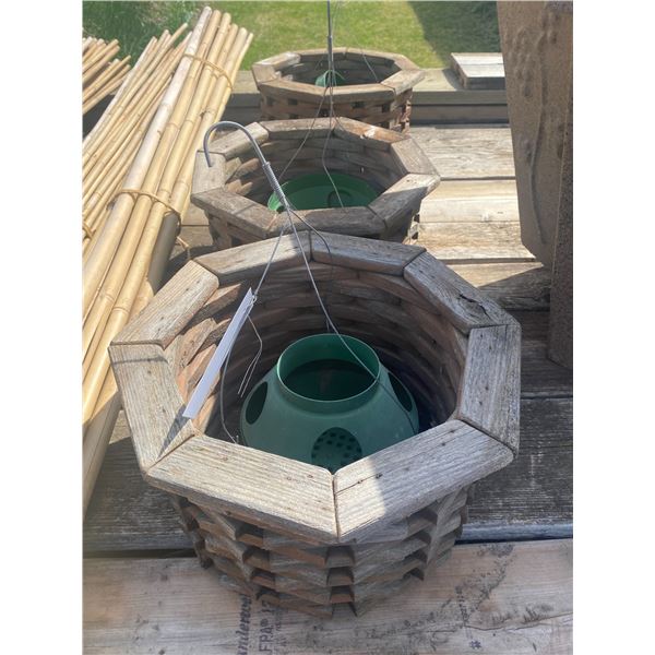 (Selling all together) 3- wooden 12" planters, 3- 18"X 22" square fibreglass planters