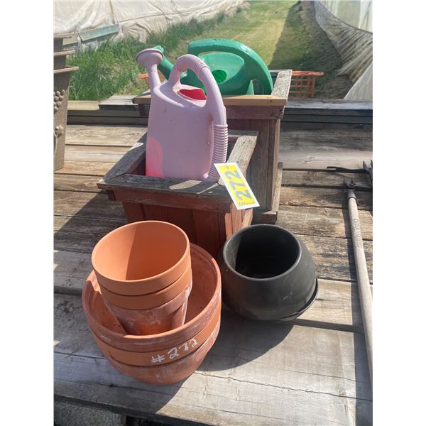 2- wooden planters, 3- watering cans & 6- clay pots