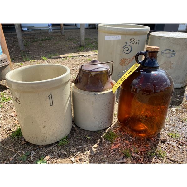 2 Clay jugs, 1 glass jug