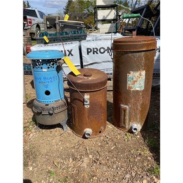 2 Cream cans, 1 blue heater