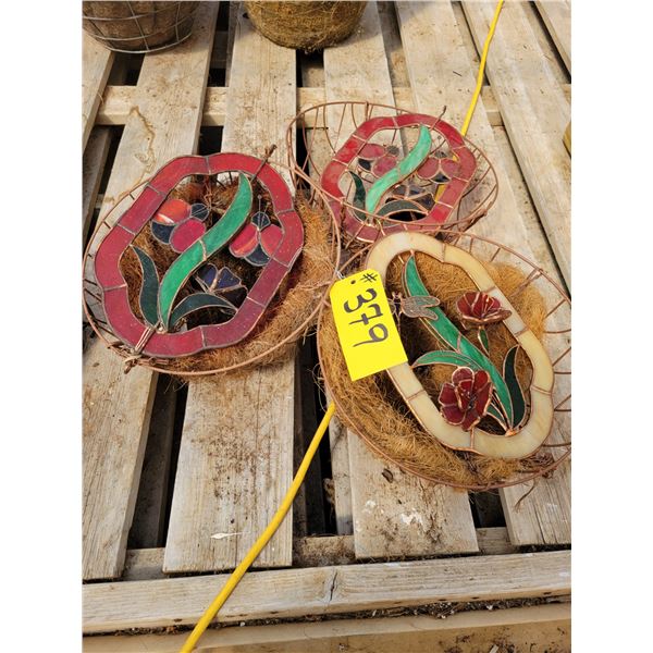 3 metal hanging baskets with stained glass