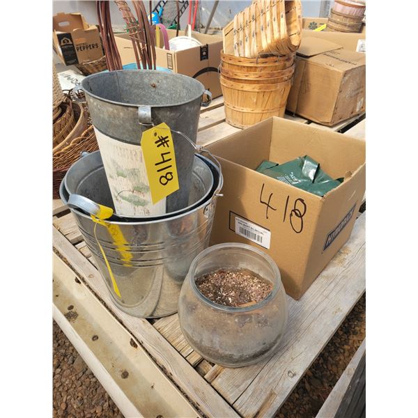Metal pots, glass grow bags, asst pots