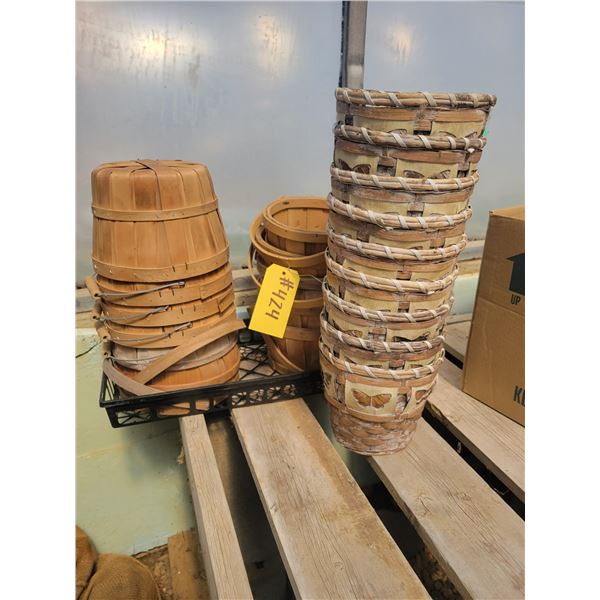 Bushel Baskets small, butterfly baskets, 7"  x10, 11 wood baskets X8, B 4- 16" Hanging baskets, 3  1