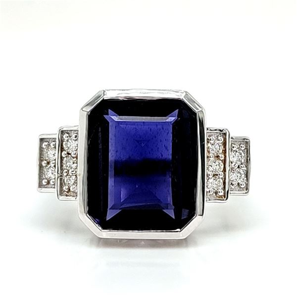 Bezel-Set Iolite Ring w/ Stepped Diamond Shoulders