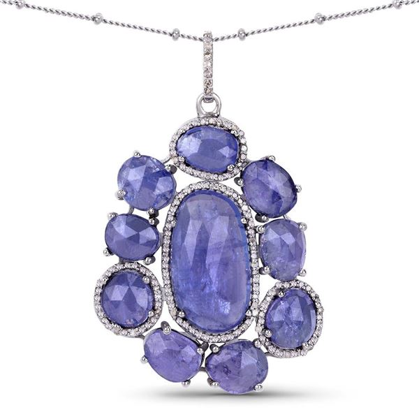 Tanzanite & Diamond Necklac, Unusual Cabechon Cut