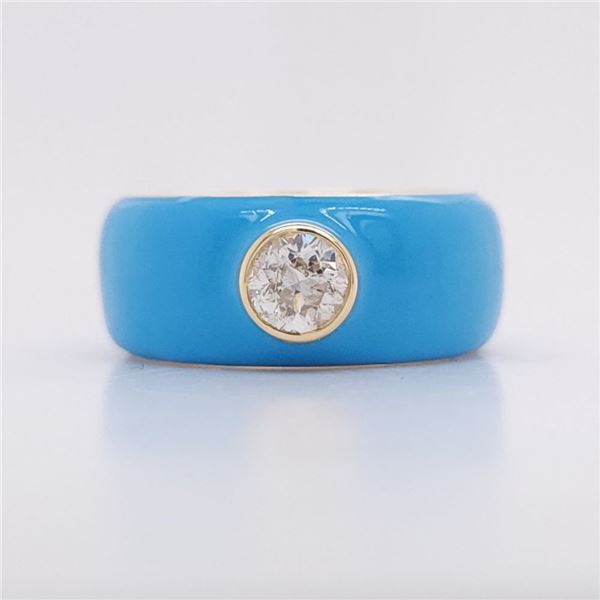 Sky Blue Enamel Wide Band with Bezel-Set Diamond