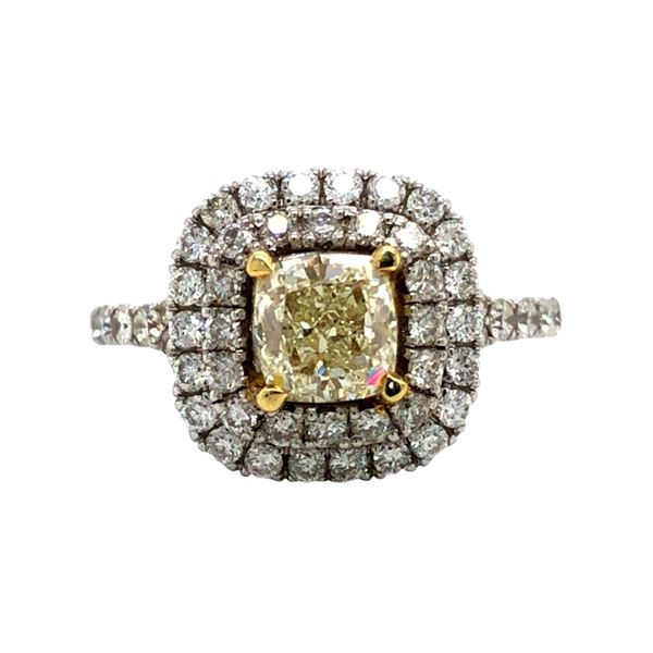 Cushion-Cut Yellow and Colorless Diamond Halo Ring