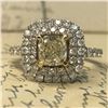 Image 8 : Cushion-Cut Yellow and Colorless Diamond Halo Ring