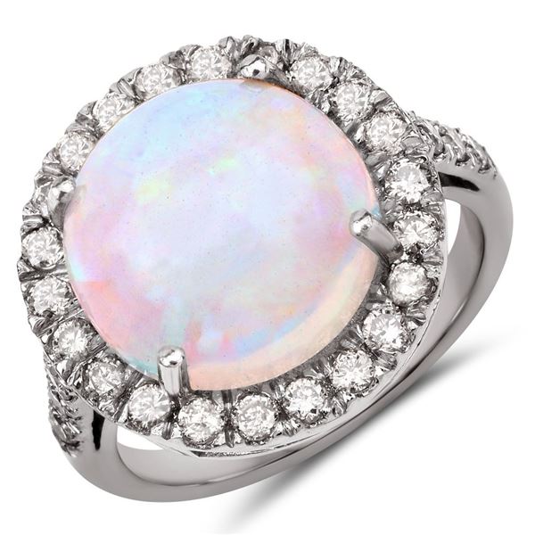 Cabochon Opal and Champagne Diamond Halo Ring