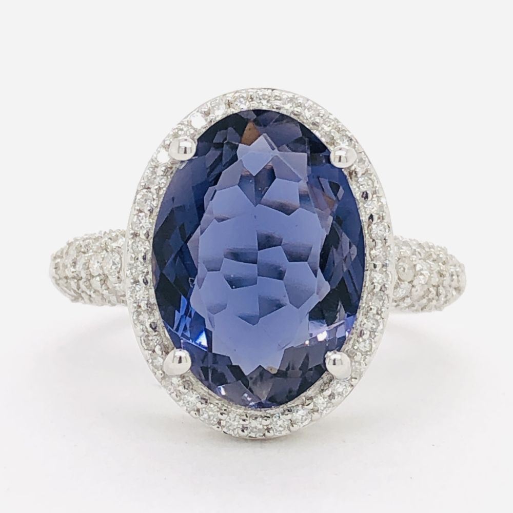 Iolite Ring with Diamond Halo and Shoulders