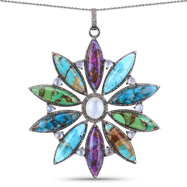 Colorful Turquoise, Moonstone, & Diamond Necklace