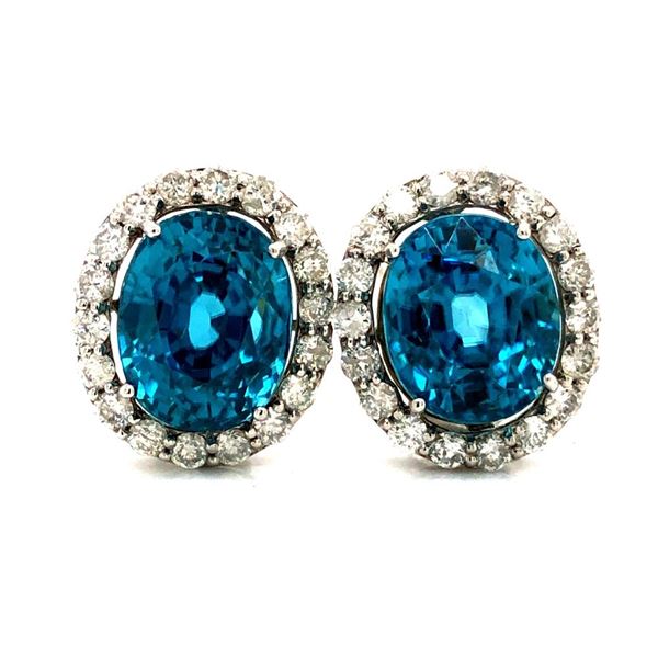 Blue Zircon and Diamond Halo Earrings