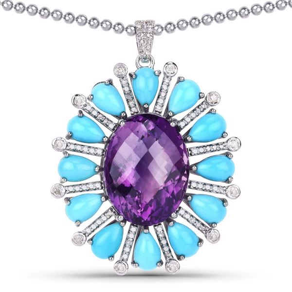 Amethyst, Turquoise, & Diamond Art Nouveau Pendant