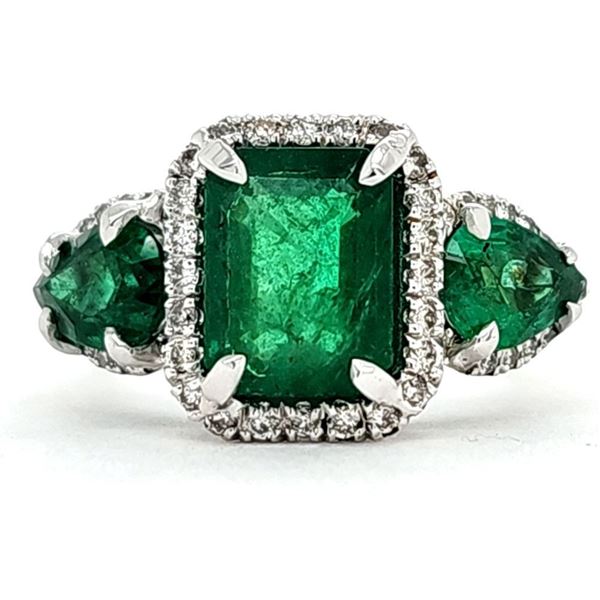 Emerald and Diamond Halo Trinity Ring