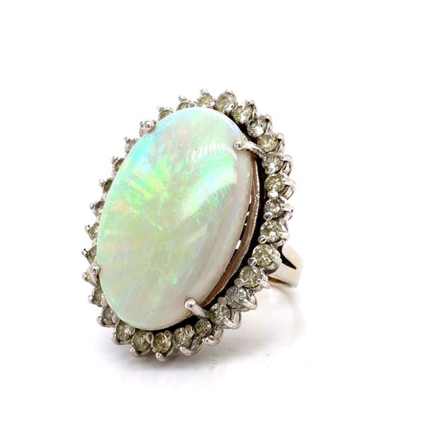 White Opal with Glowing Green Fire & Diamond Ring