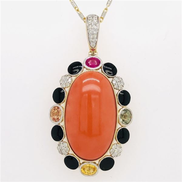 Unique Coral Necklace w/ Sapphire & Diamond Halo