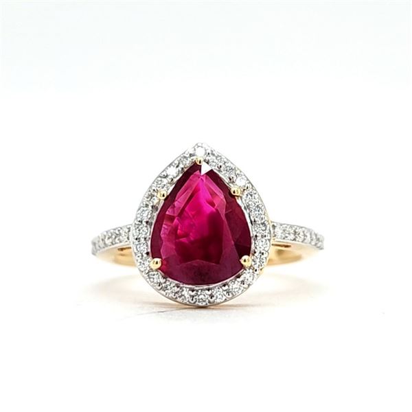 Pear-Shaped Bright Red Ruby and Diamond Halo Ring