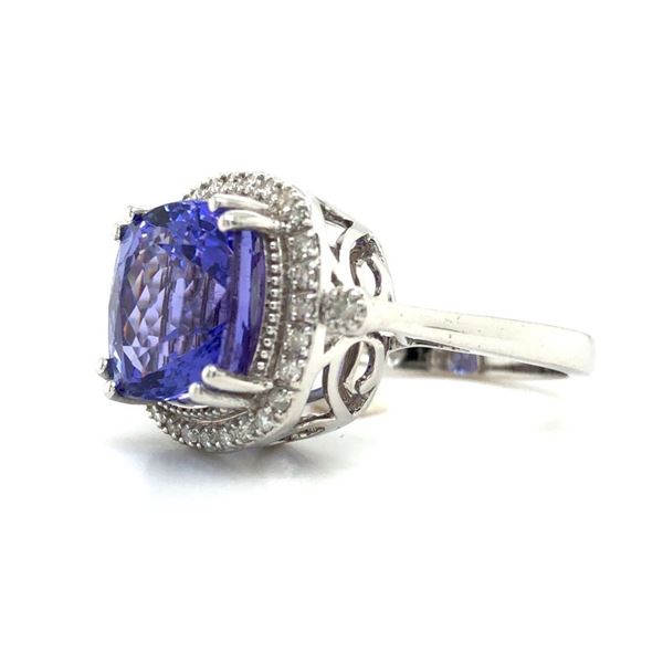 Cushion-Cut Tanzanite and Diamond Halo Ring