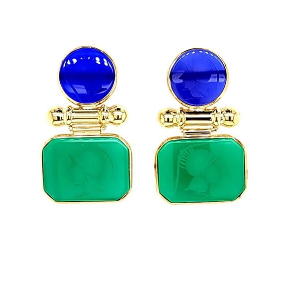Intaglio Earrings Carved Blue and Green Onyx