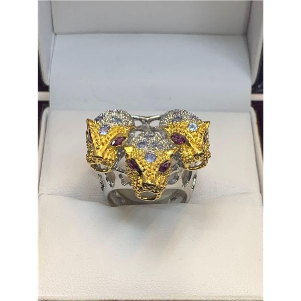 Natural Garnet & Tanzanite 1.08 Carat Marquise Cut Stones .925 SIlver Sculpted Leopards Head Ring - 