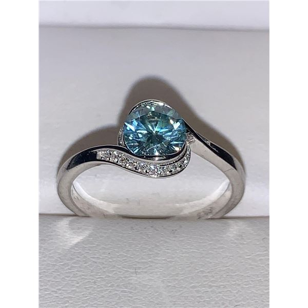 Half Bezel round Cut Solitaire 1.00 Carat Greenish Blue Moissanite .925 Silver Ring Appraised $985.0