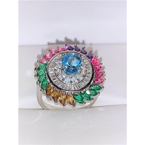 Natural Topaz Multi Color Cluster Ring 5.37 Carats .925 Silver with Appraisal $710.00