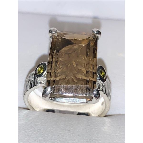 Natural Smokey Quartz Emerald cut 18.38 Carat Solitaire on .925 Silver Appraised $1300.00