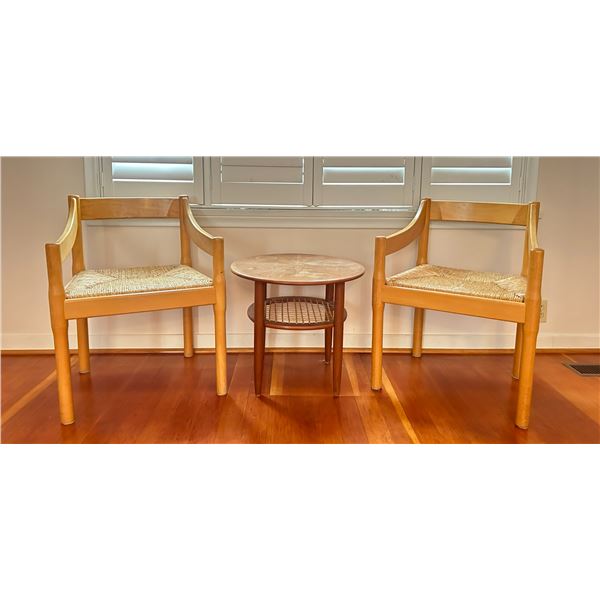 Set Of Two Vintage Wooden Chairs 22W x 30T And Side Table 22W x 19T With Decorative Pillows